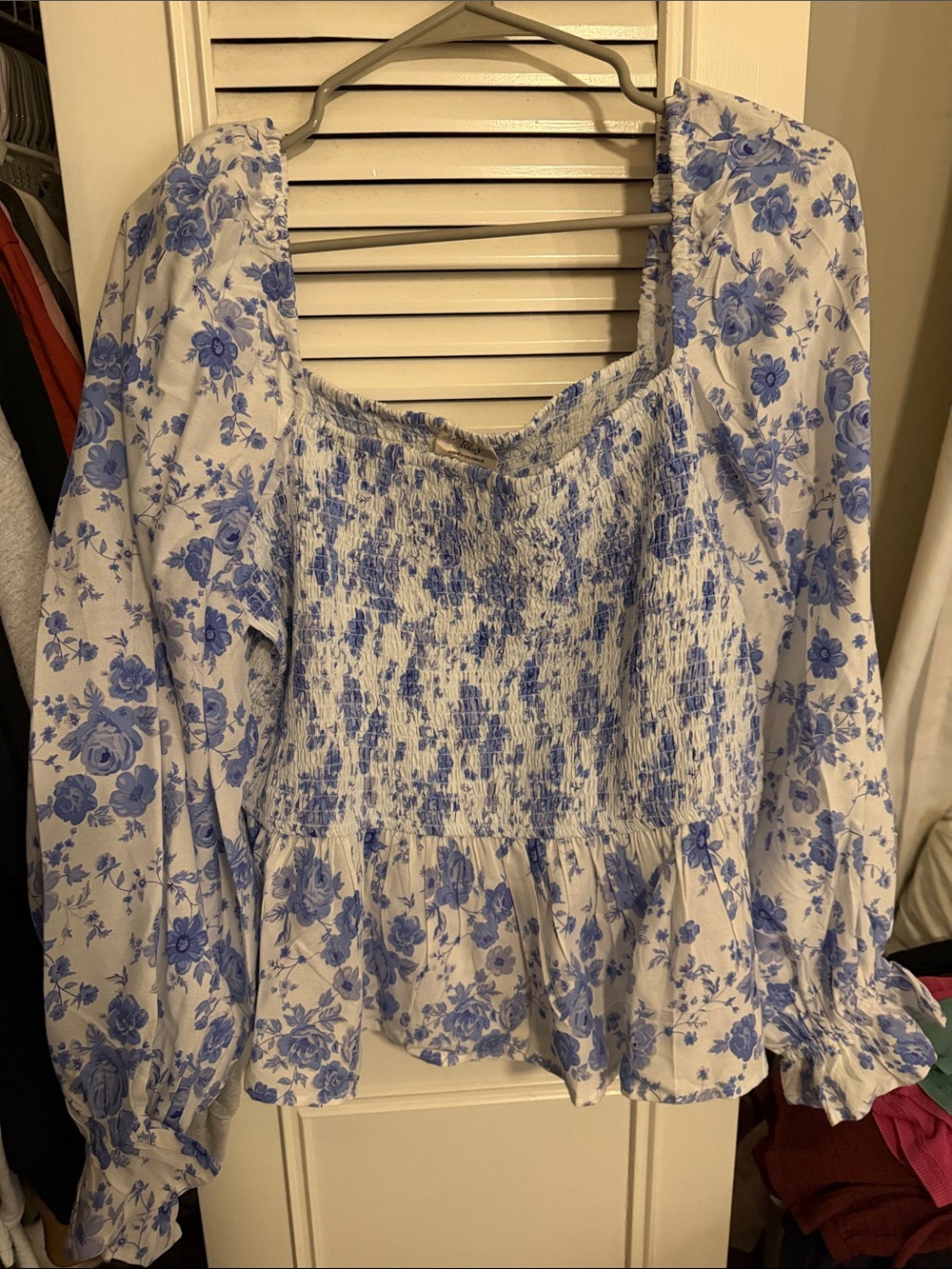 Blue Floral Smocked Peplum Blouse - Women